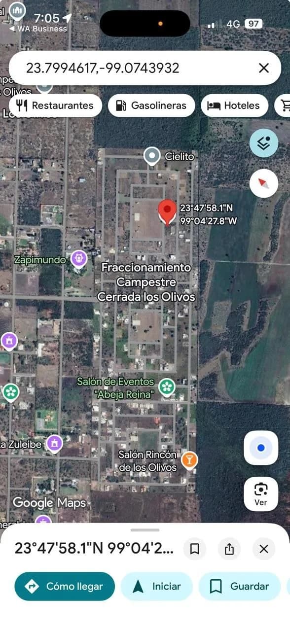 Vista aérea de Google Maps con la ubicación de un terreno en fraccionamiento campestre